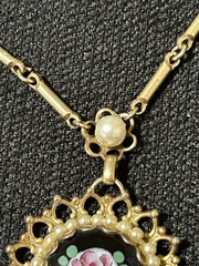 Antique Gold Tone Filigree Hand Painted Rose Faux Pearl Pendant Necklace 14”