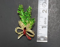 Enamel Pine Cone Fir Branch Bow Holiday Christmas Pin Brooch Gerrys Goldtone 2″