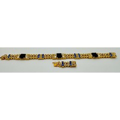 Vintage Gold Tone Blue and Clear Crystal Link Bracelet with Extender 7.25-8.5 In