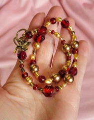 Two Toned Signed Faux Pearl Gold Red Glass Beaded Choker Necklace N1A