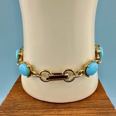 Vintage Bracelet Blue Milk Glass Gold Tone Oval Links MCM 6.75″ Faux Turquoise