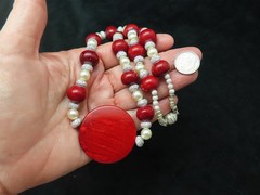 Vintage Red & Faux Pearl w/Rhinestone Red Medallion Focal
