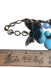 FOSSIL 3 Strand 24” Necklace Rhinestone Turquoise Blue Beads MOP BUTTERFLY & BEE