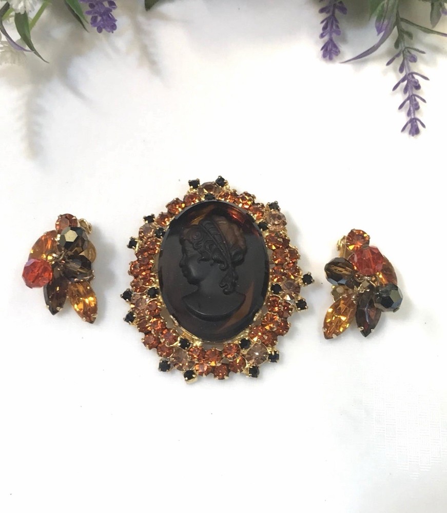 Book Piece Verified Juliana D&E Topaz Amber Tiered Cameo Brooch & Earrings