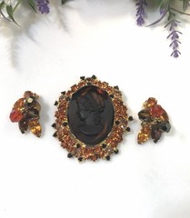 Book Piece Verified Juliana D&E Topaz Amber Tiered Cameo Brooch & Earrings