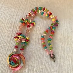 Colorful Faux Stone Nugget & Pale Pink Plastic Bead with Seashell Flower Pendant
