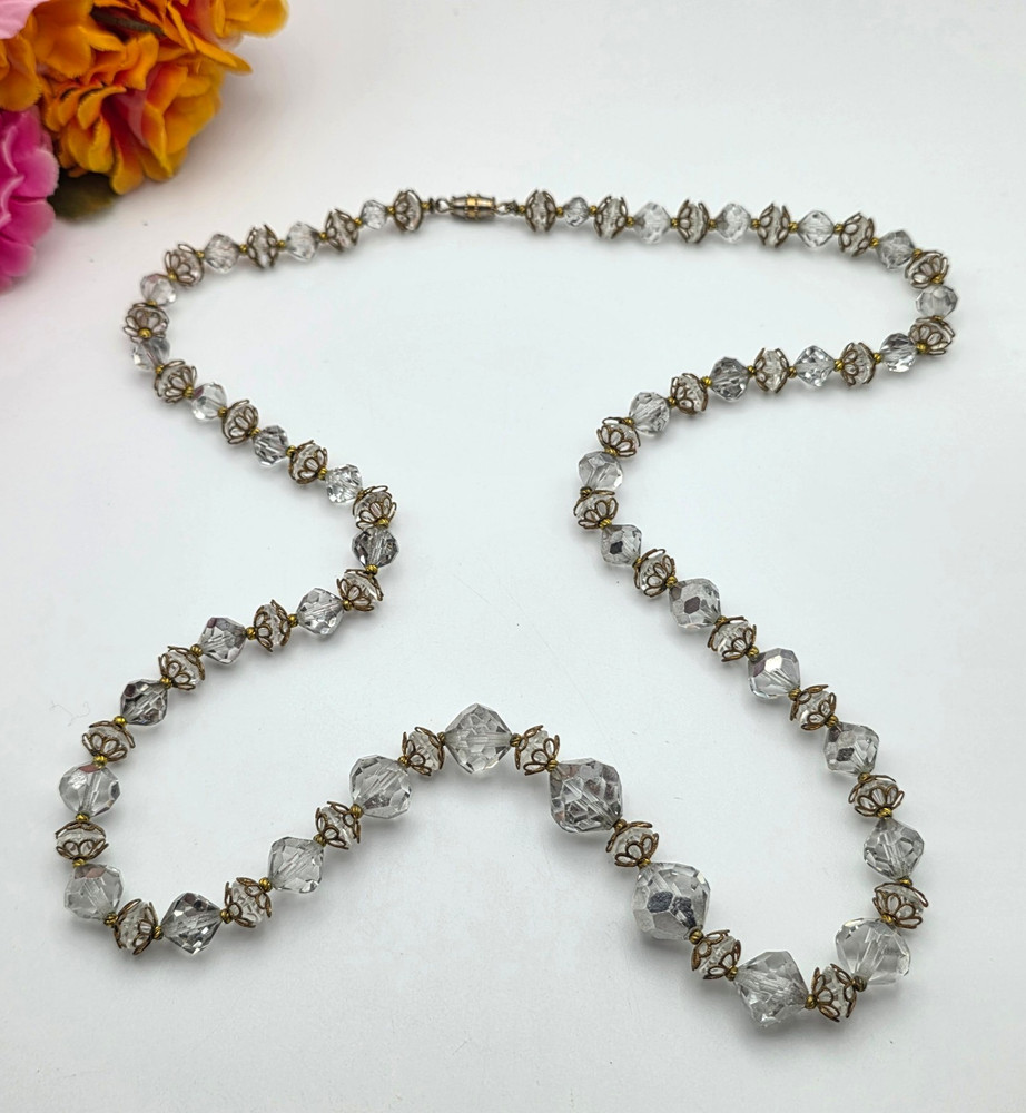 Vintage Clear Crystal Faceted Beaded Necklace Gold Tone Filigree Caps 29 In