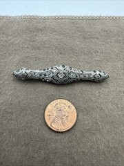Antique Silver Tone Filigree Brooch Pin w/Rhinestones