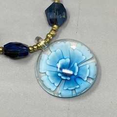 Bursting Glass Flower Pendant Necklace Blue Borosilicate Acrylic Beads 21″