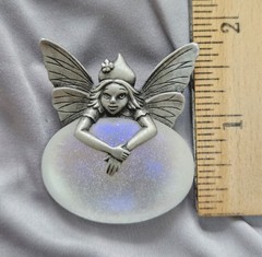 VTG JJ JONETTE Pewter Pin Brooch Winged Fairy Purple Sparkles Crystal Ball 1.75″