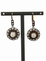 Antique Victorian Old Mine Cut Diamond Cluster Pearl Earrings 14K Gold & Silver