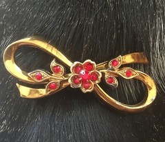 Vintage 1940s Coro Pegasus Floral Bow Brooch Red Crystals Gold Tone Metal Alloy