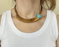 Vintage Mid Century Modern GoldTone Faux Turquoise Bar Chocker 15” Necklace