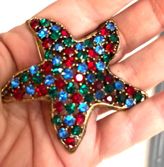 Vintage WEISS signed Red, Green, Blue Colored Starfish Crystal Rhinestone Brooch
