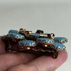 Vtg Mid Century Turquoise Blue Floral Statement Brooch Gold Tone 1960’s Couture