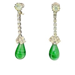 Vintage Signed Kramer Green Faux Jade Teardrop Necklace Earrings Set Rhinestones