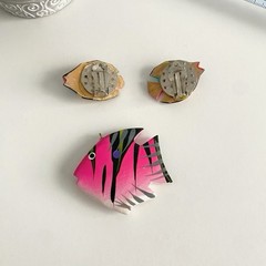 Vintage Wooden Fish Clip On Earrings Pendant Lot Neon Bright Tropical Jewelry