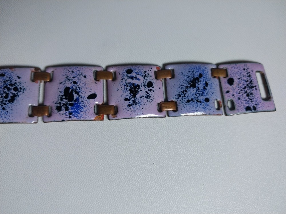 Vintage Enamel On Copper Wide Panel Bracelet Mid Century Purple Black Blue Read