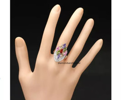 Marquise Shape Multi Color Gemstones & White Moissanite Cluster Ring 925 Sliver