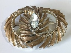 Lot of 3 Vintage Brushed Gold-tone White Rhinestone Brooches