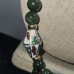 Green Nephrite Jade Beaded Necklace Floral Cloisonne Enamel Accents 26in