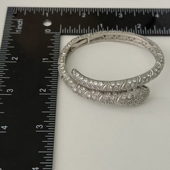 Snake Serpent Bracelet Clear CZ Green Eyed Silver Tone Sparkly Hinged Bangle