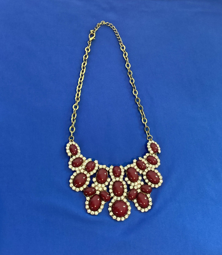 Vintage Burgundy Red Stone Diamonds Statement Necklace Costume Bling Glam Gold