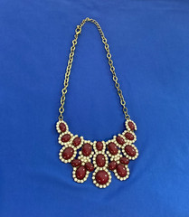 Vintage Burgundy Red Stone Diamonds Statement Necklace Costume Bling Glam Gold