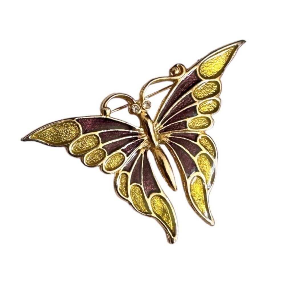 Vintage SFJ Gold Tone Colorful Rhinestone Butterfly Brooch