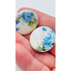 Vintage Hand Painted Porcelain Blue Floral Forget Me Not Stud Button Earrings 1″