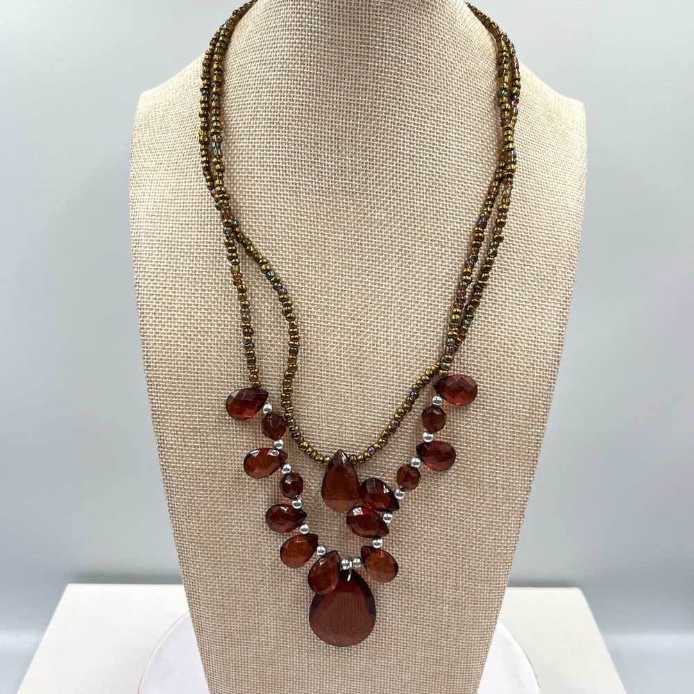 VTG Boho Amber Toned Double Strand Beaded Statement Necklace Retro Earthy Chic