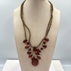 VTG Boho Amber Toned Double Strand Beaded Statement Necklace Retro Earthy Chic