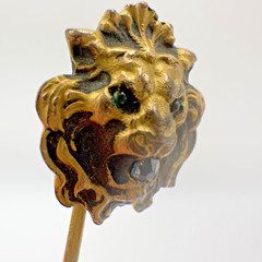 Victorian Gilt Lion Head Stick Pin Paste Garnet Eyes Rhinestone 2.5″