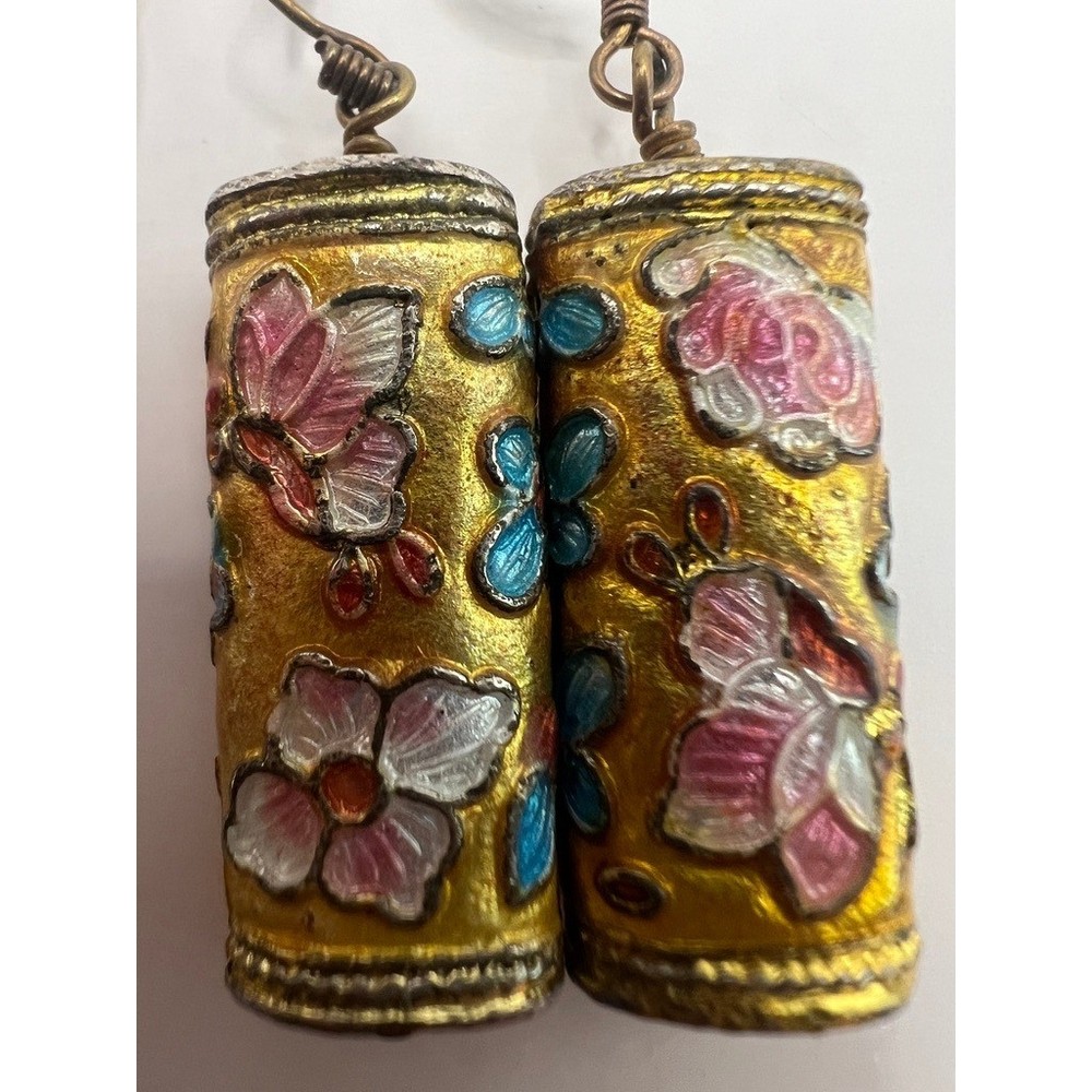 Vintage Cloisonne Style Floral Barrel Dangle Earrings Gold Tone Boho Chic