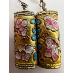 Vintage Cloisonne Style Floral Barrel Dangle Earrings Gold Tone Boho Chic