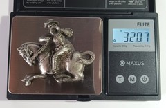 Vintage Pewter? Brooch: Medieval Soldier Blowing Horn on Galloping Horse