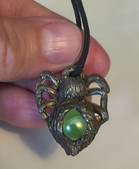 Vintage Pewter Spider Pendant Necklace corded green stone Gothic