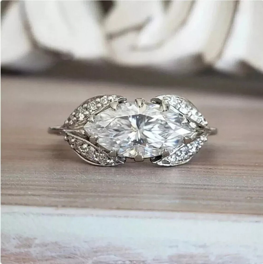 Art Deco Style Marquise Cut Lab Created Diamond 14K White Gold FN Wedding Ring