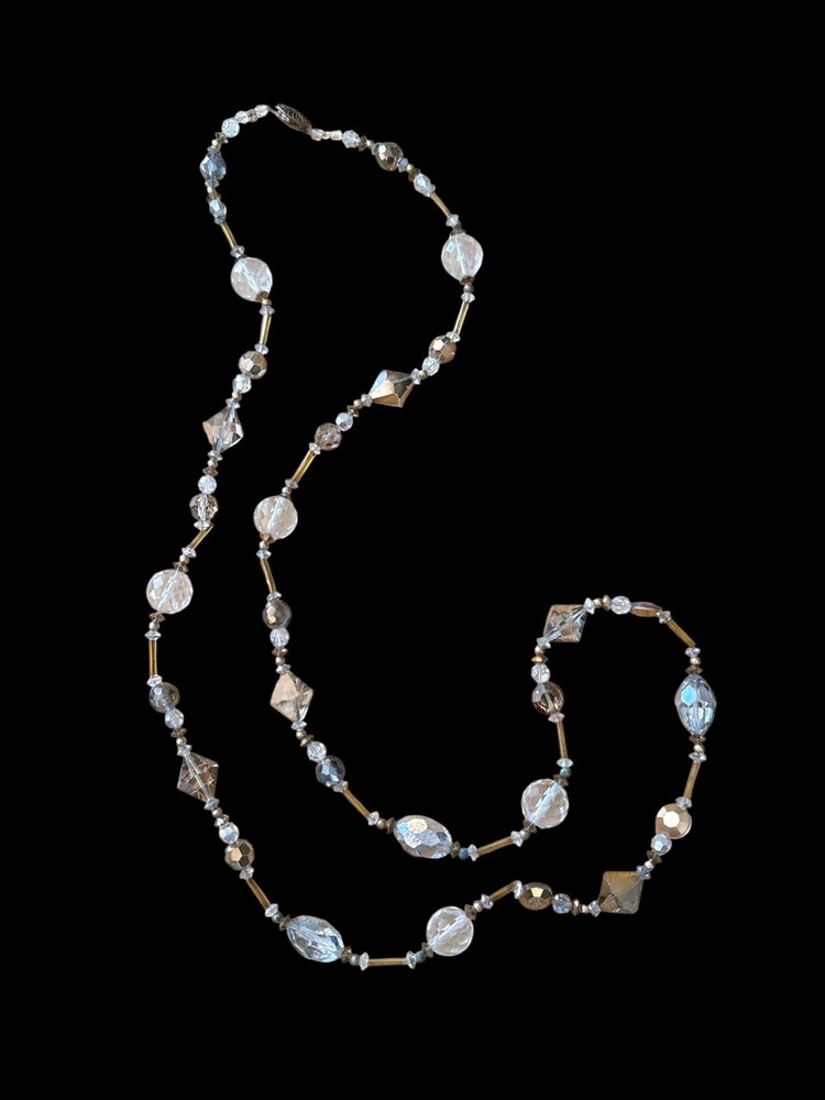 Pretty Crystal Beaded Faceted 925 Sterling Champagne Glass Beaded Long Necklace