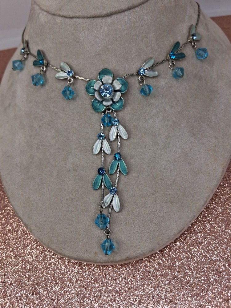 Teal Blue Enamel Flowers with crystal accents Gorgeous y drop style necklace