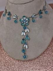 Teal Blue Enamel Flowers with crystal accents Gorgeous y drop style necklace