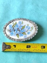 Decoupage Cottagecore Blue Flower Clear Rhinestone Brooch Pin Garden Spring
