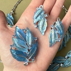 Vtg 1950s Lisner Frosted Blue Leaf Parure Set Necklace Bracelet Brooch Earrings
