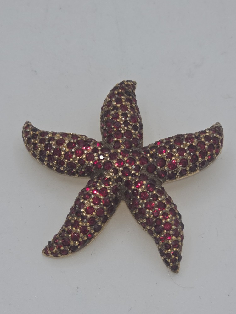 Vintage JOMAZ Signed Ruby Red Rhinestone Starfish Brooch Pin Boivin Style