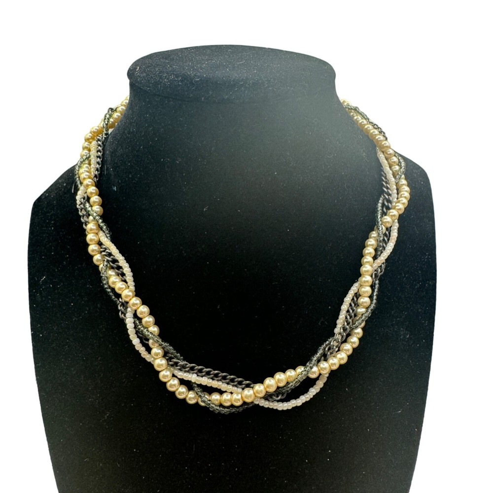 Twisted Multistrand Faux Pearl & Glass Bead Necklace With Metal Chain & Clasp