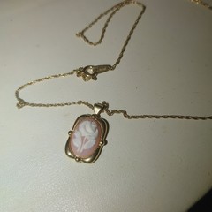 Crown Trifari Necklace Stamp Floral Cameo Pendant Gold Toned Vintage 1950 1970s