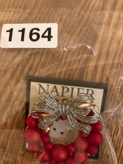 Napier Brooch Women’s Red Christmas Wreath Balls Pin Bow Cubic Zirconia