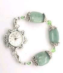 GENEVA Quartz Silver Tone Watch Jade Gemstone Beads Braslet 7.5in.
