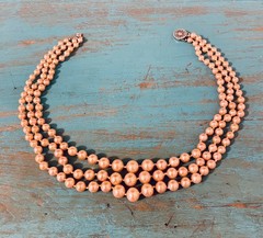 Vintage Champagne Glass Pearls Sterling Silver Clasp Graduating 3-Row Necklace