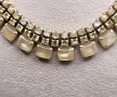 Vintage Champagne Glow Satin Glass Cabochon & Rhinestone Choker Necklace 15”